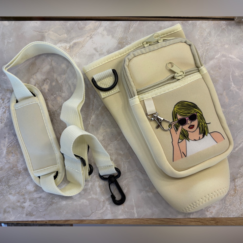 Taylor Swift Cream Neoprene Crossbody Bag with Graphic, includes 3 straw covers